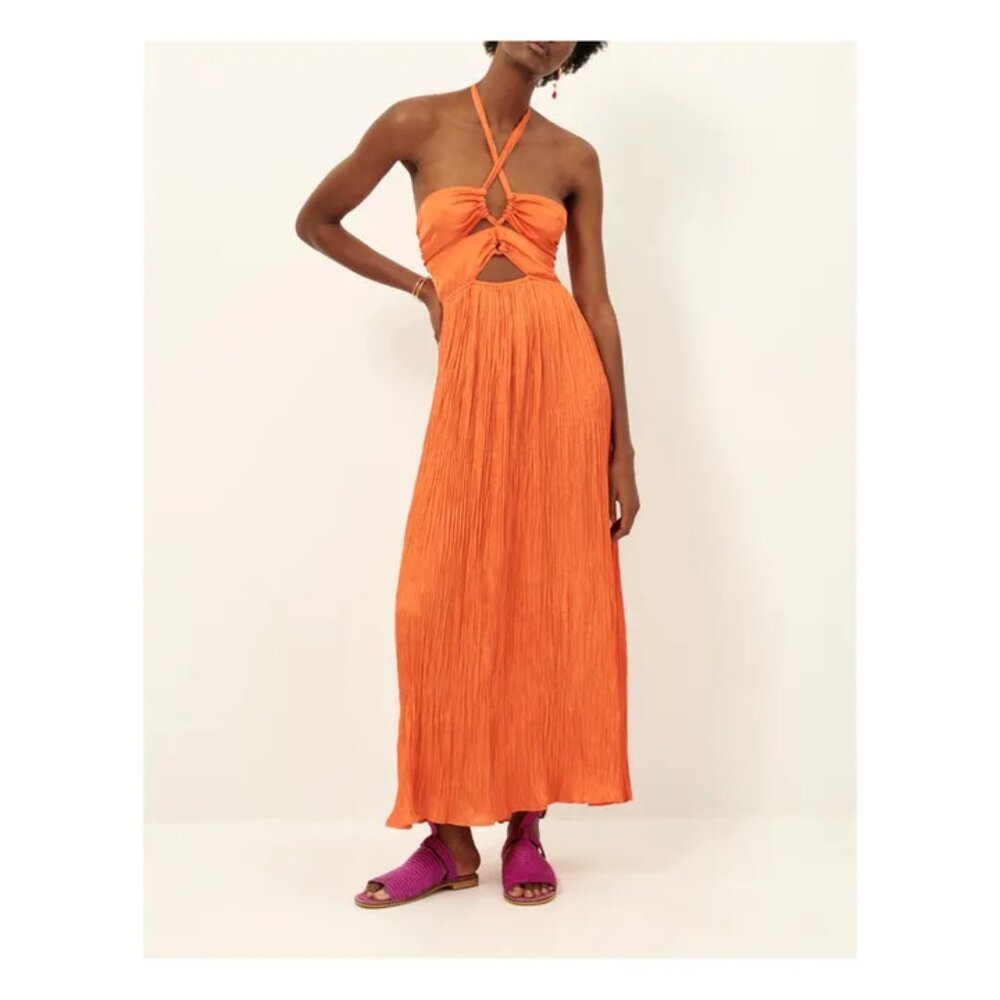 Sessùn Trancoso Cut Out Halter Pleated Maxi Dress Tangerine Backless Smocked